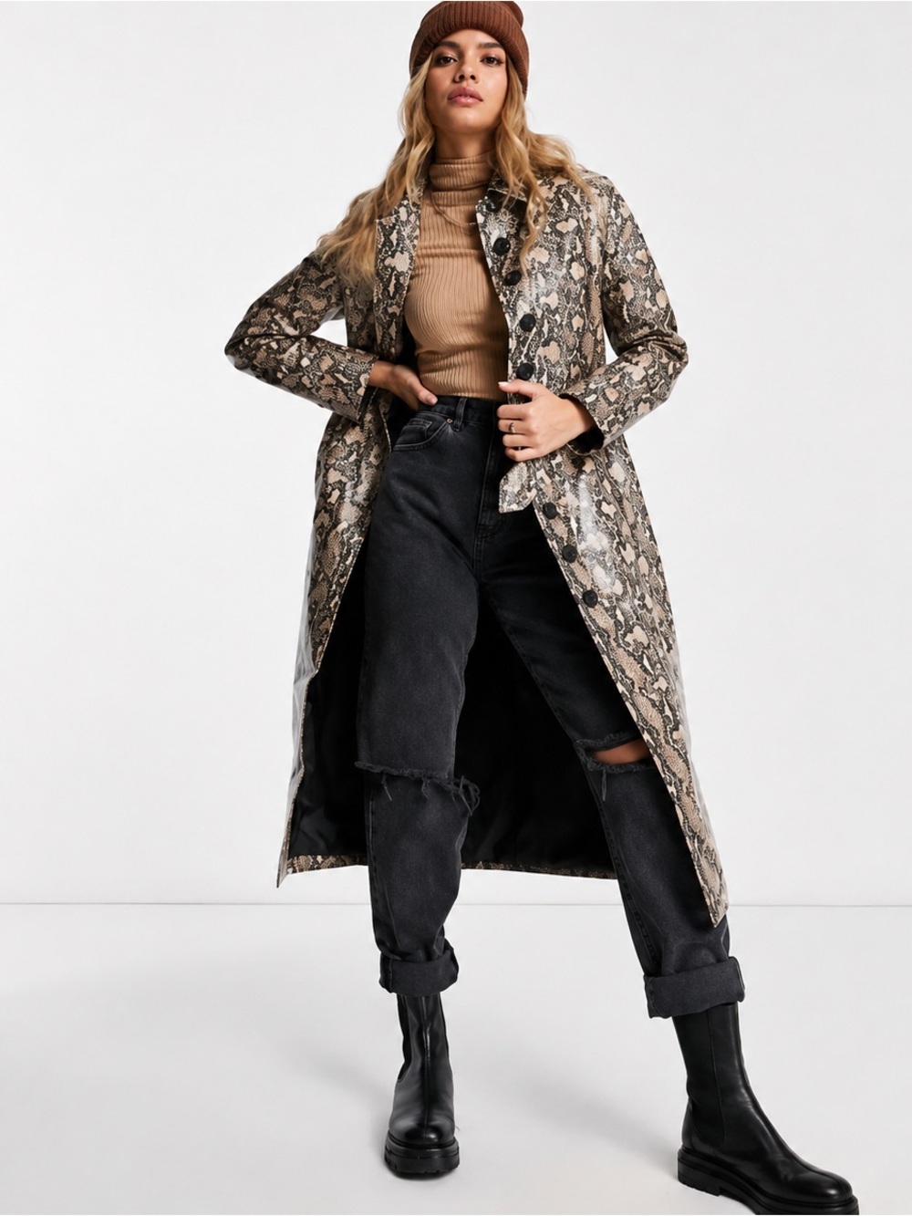Missguided Snake Skin Print Trench Coat in Beige and Black